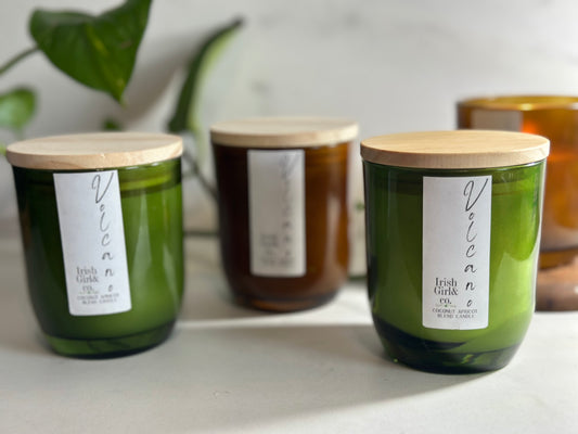 6oz Amber & Green Glass Jar Luxury Candle with Wooden Lid - Coconut Apricot Wax, Single Wick