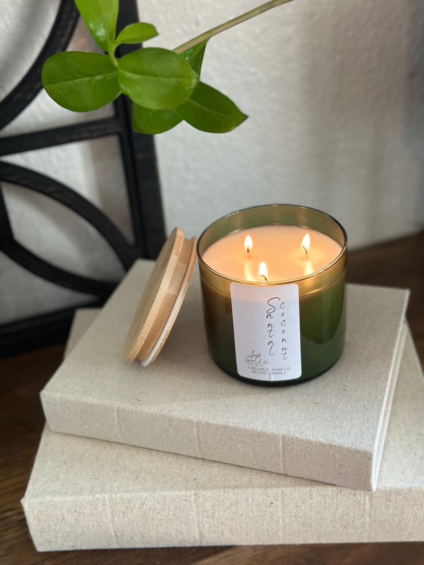 14.5 0z Green Glass Jar Luxury Candle with Wooden Lid - Coconut Apricot Wax, triple wicked