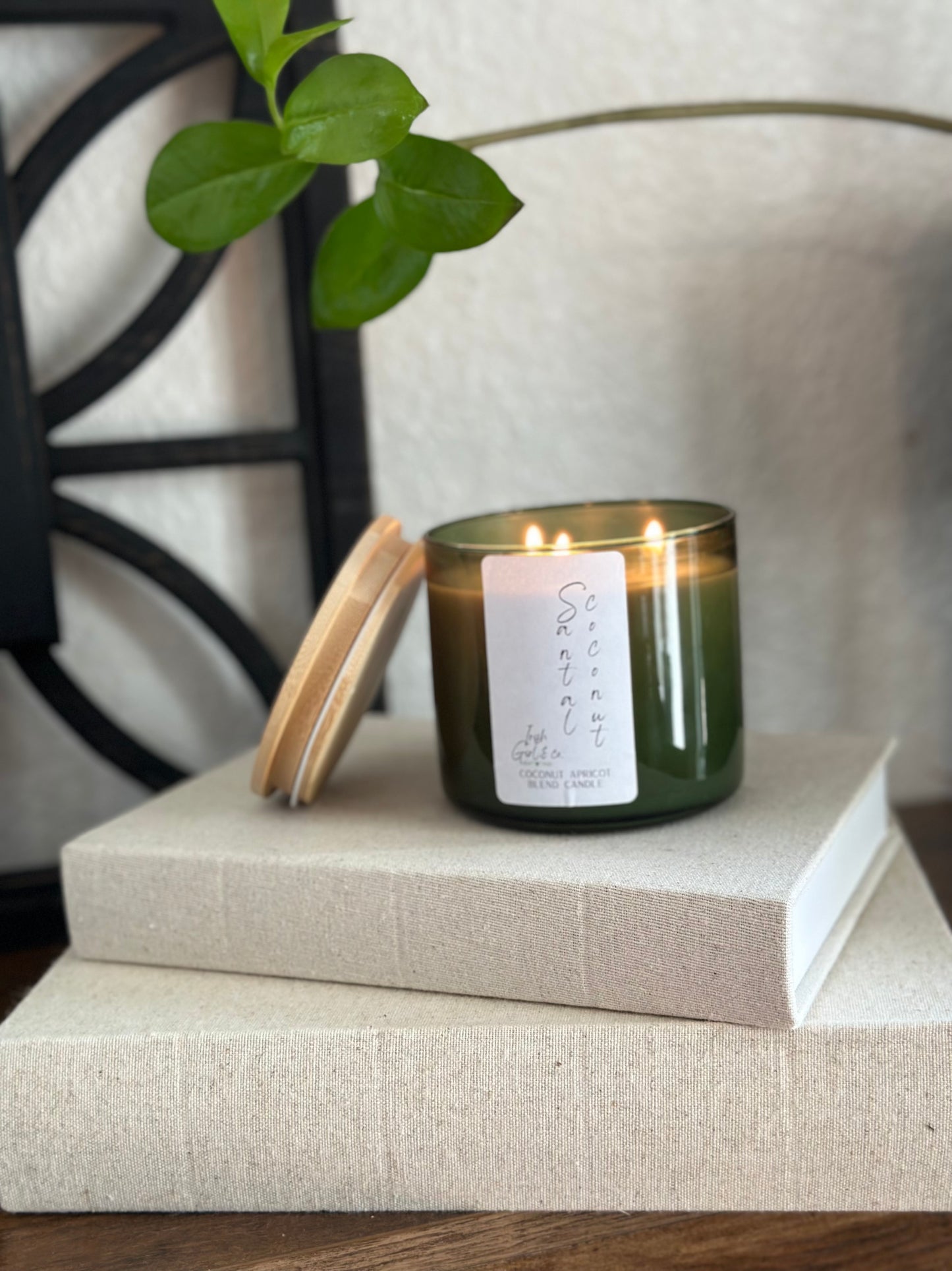 14.5 0z Green Glass Jar Luxury Candle with Wooden Lid - Coconut Apricot Wax, triple wicked