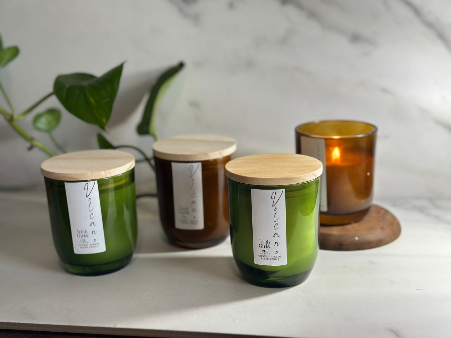 6oz Amber & Green Glass Jar Luxury Candle with Wooden Lid - Coconut Apricot Wax, Single Wick