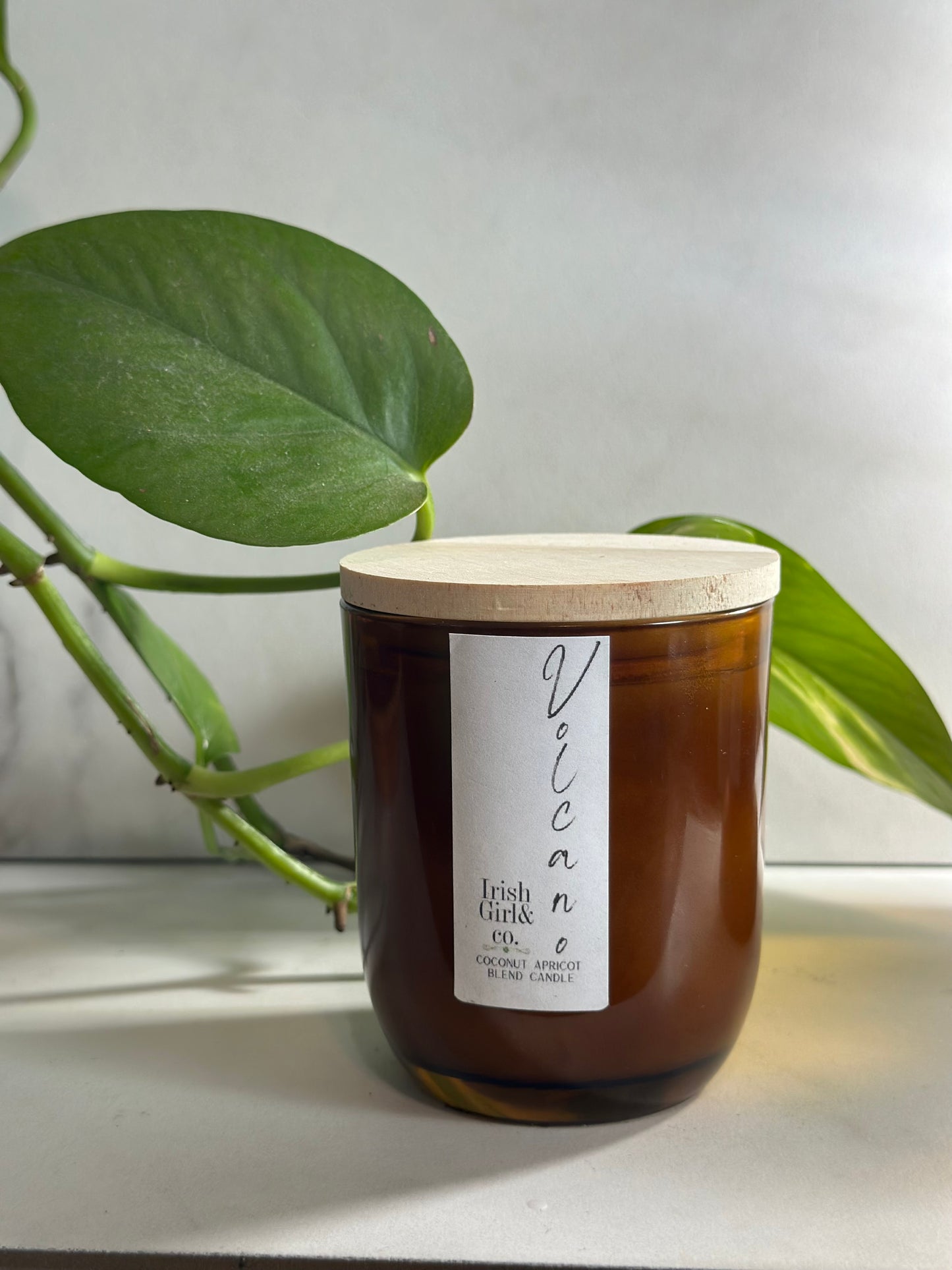 6oz Amber & Green Glass Jar Luxury Candle with Wooden Lid - Coconut Apricot Wax, Single Wick