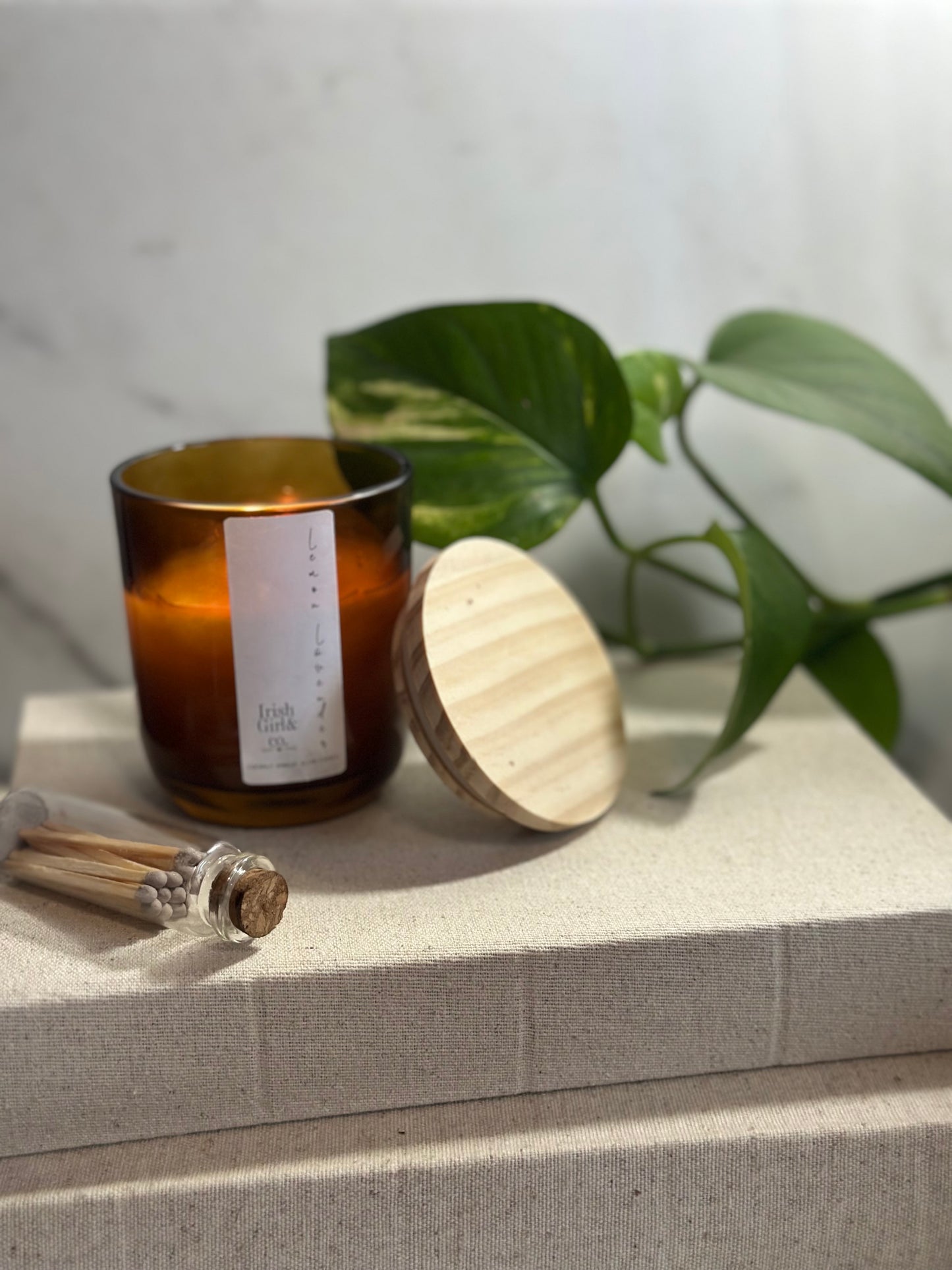 6oz Amber & Green Glass Jar Luxury Candle with Wooden Lid - Coconut Apricot Wax, Single Wick