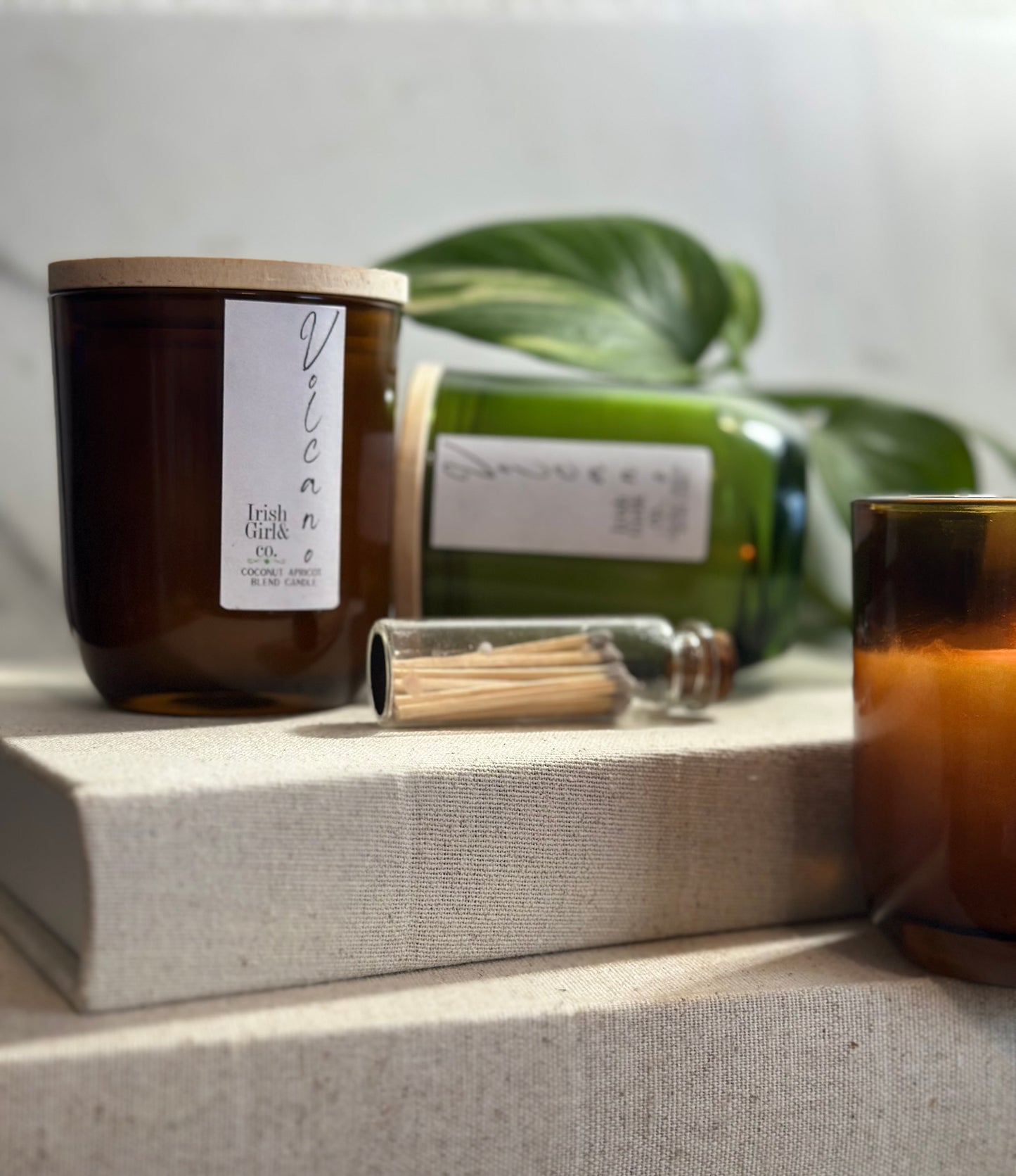 6oz Amber & Green Glass Jar Luxury Candle with Wooden Lid - Coconut Apricot Wax, Single Wick