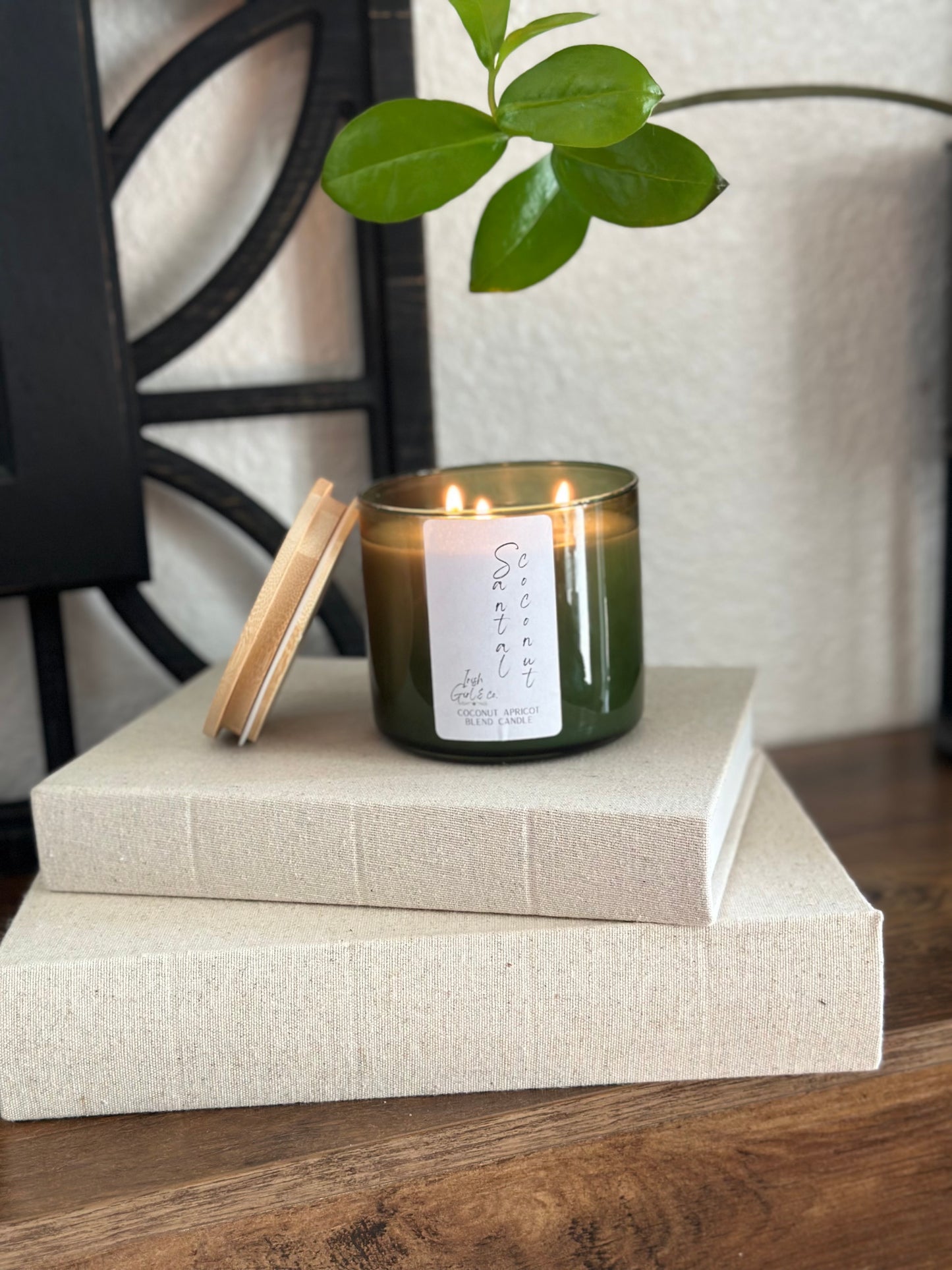 14.5 0z Green Glass Jar Luxury Candle with Wooden Lid - Coconut Apricot Wax, triple wicked