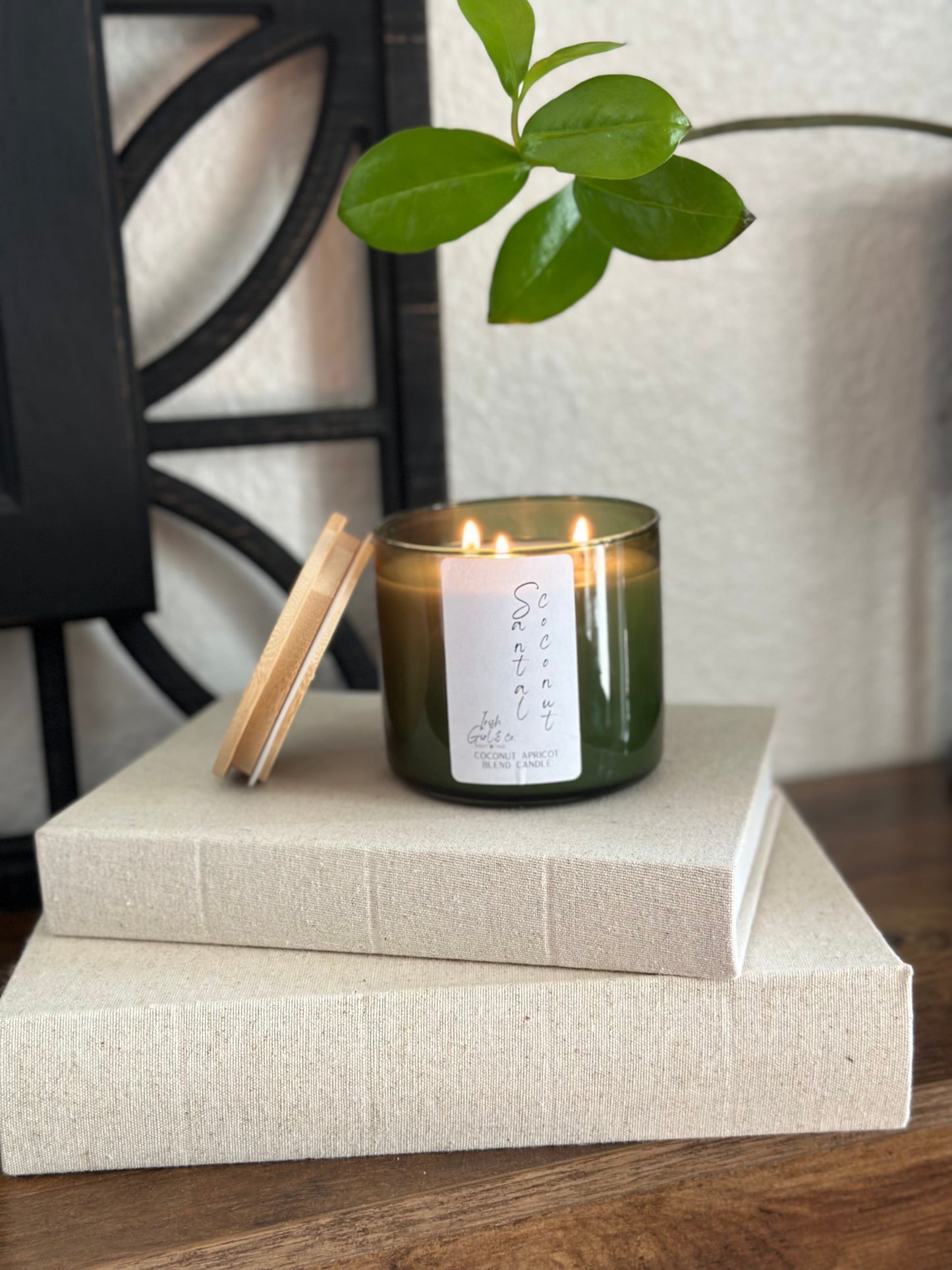 14.5 0z Green Glass Jar Luxury Candle with Wooden Lid - Coconut Apricot Wax, triple wicked