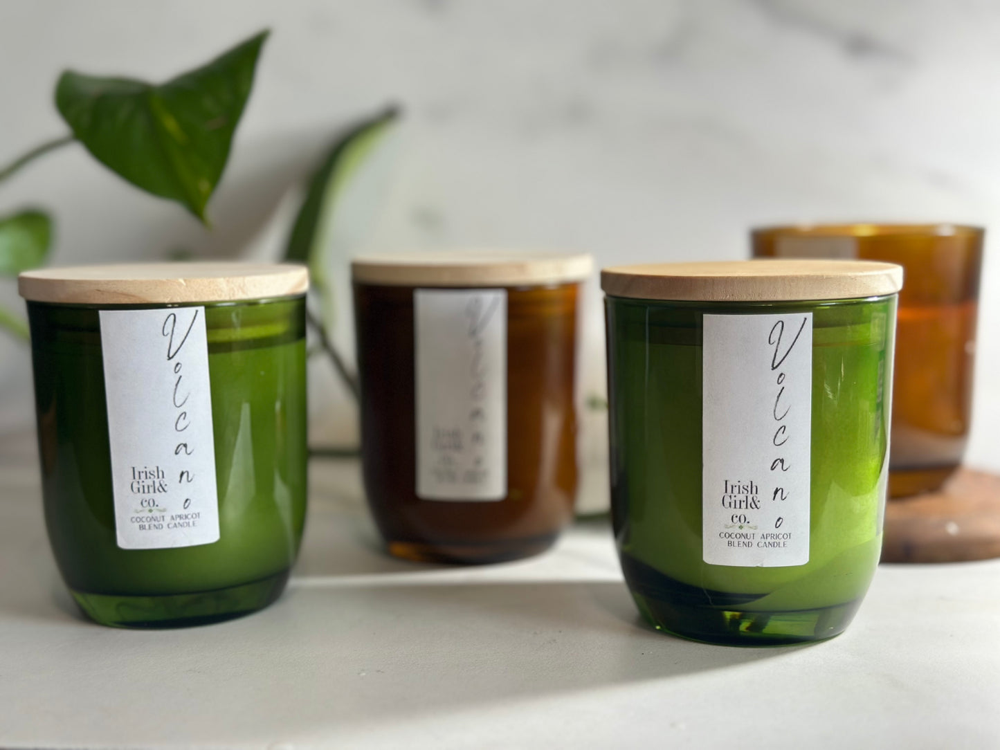 6oz Amber & Green Glass Jar Luxury Candle with Wooden Lid - Coconut Apricot Wax, Single Wick