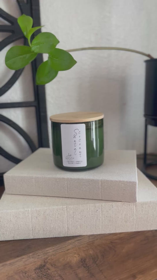 14.5 0z Green Glass Jar Luxury Candle with Wooden Lid - Coconut Apricot Wax, triple wicked